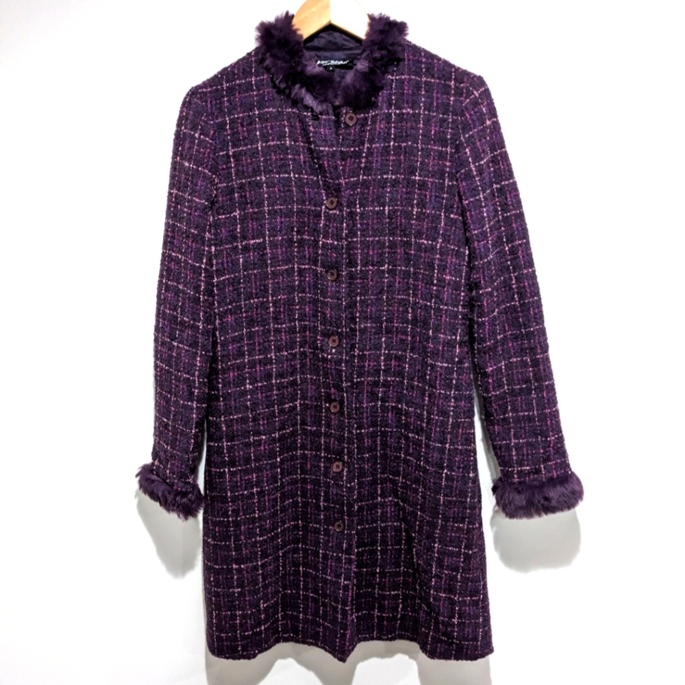 Vintage 90s Betsey Johnson New York Purple Tweed Fur Collar Coat Size Small